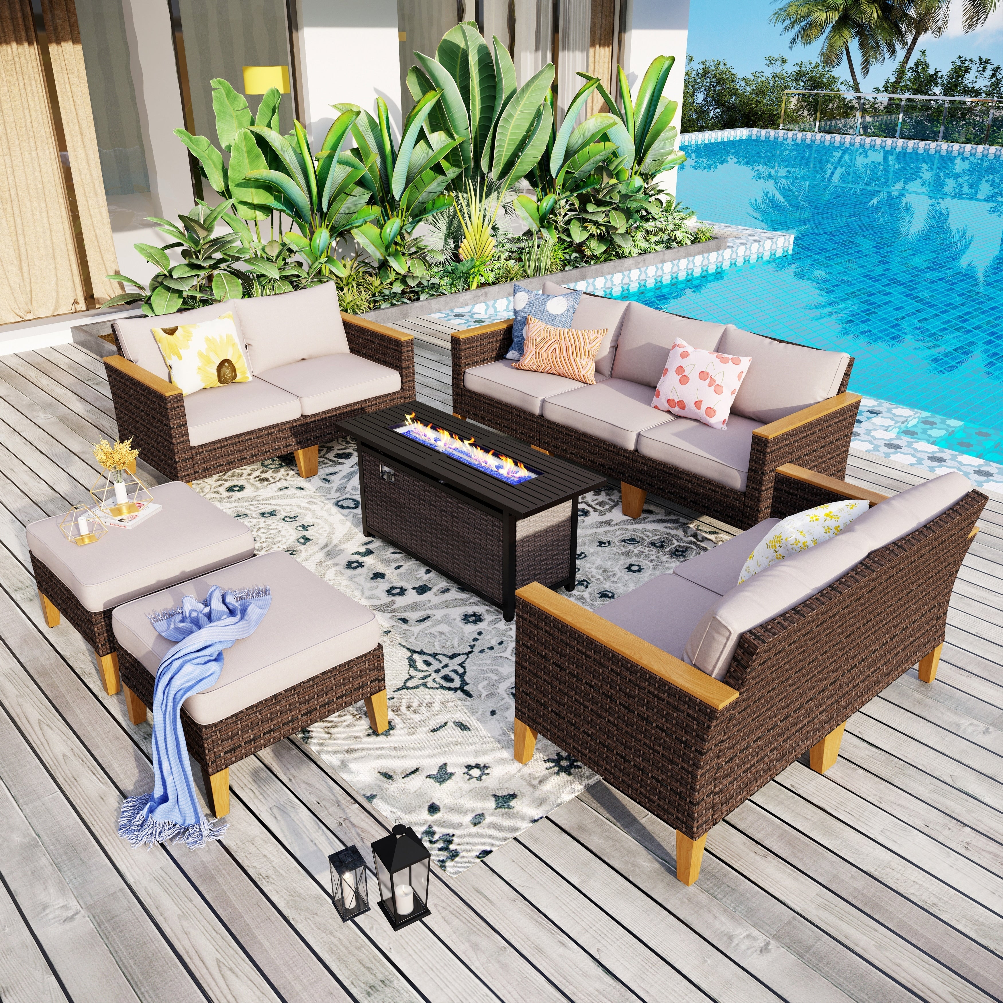 Ensemble de canapés d'extérieur en osier 8 pièces, grands ensembles de conversation avec table et foyer