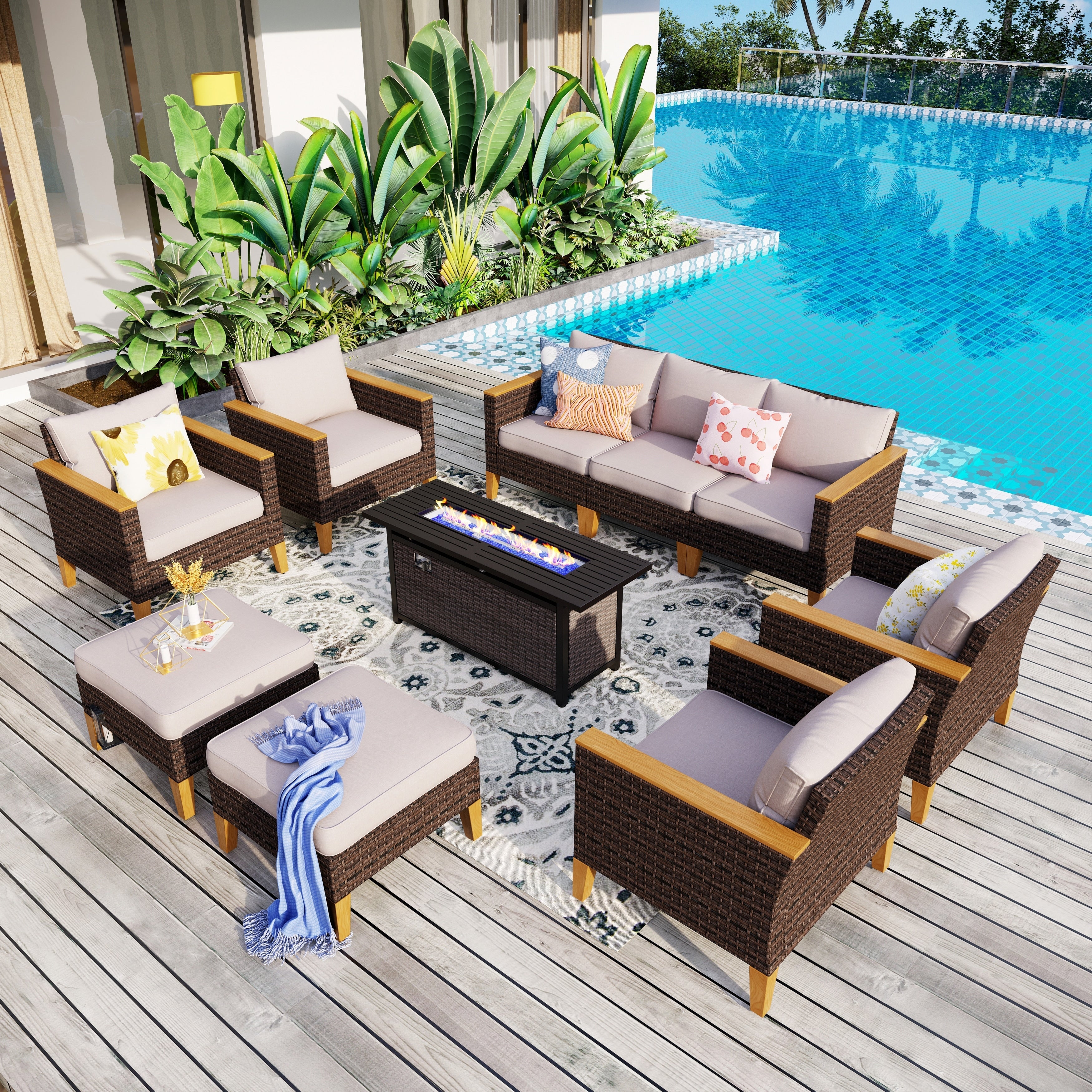 Ensemble de canapés d'extérieur en osier 8 pièces, grands ensembles de conversation avec table et foyer