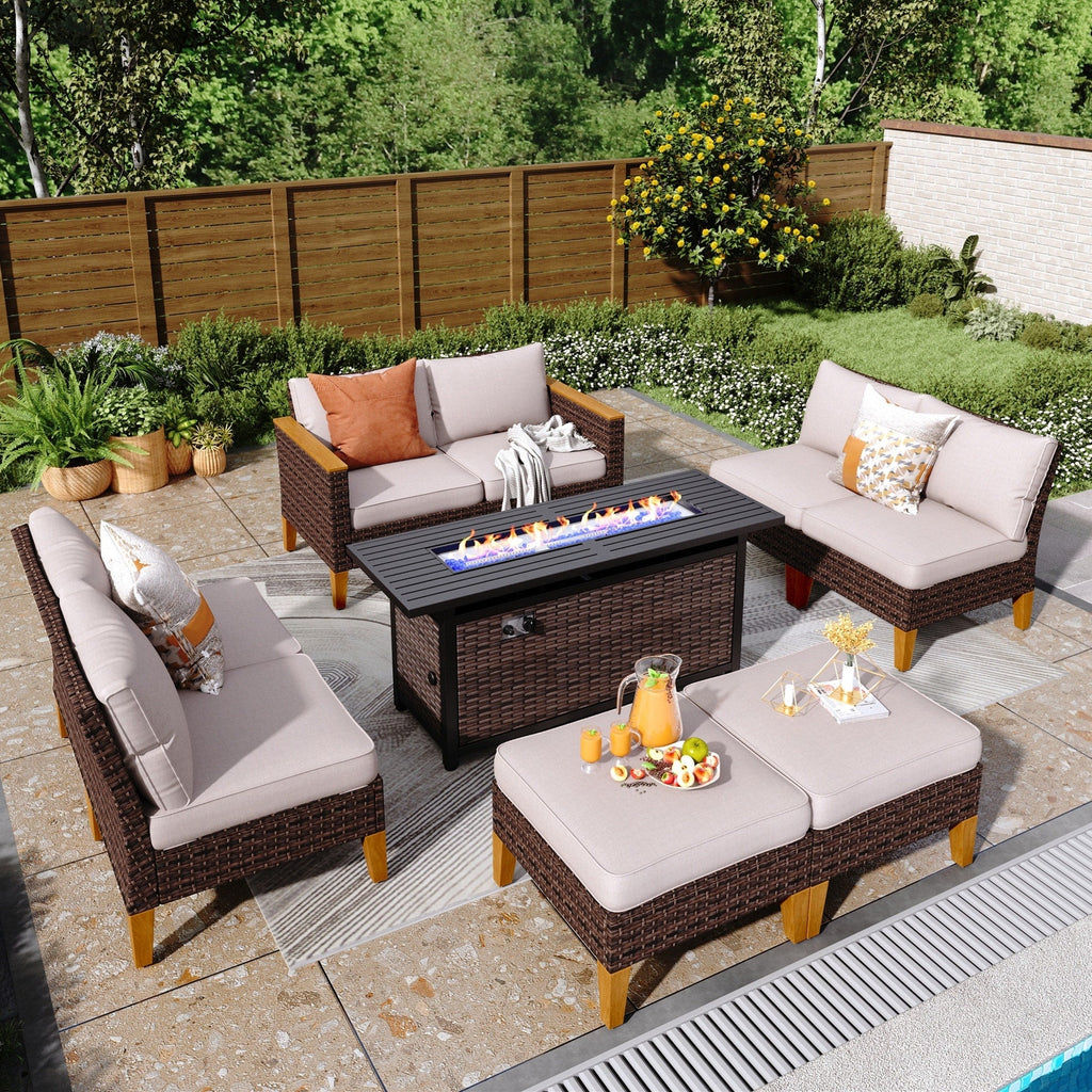 Ensemble de canapés d'extérieur en osier 8 pièces, grands ensembles de conversation avec table et foyer