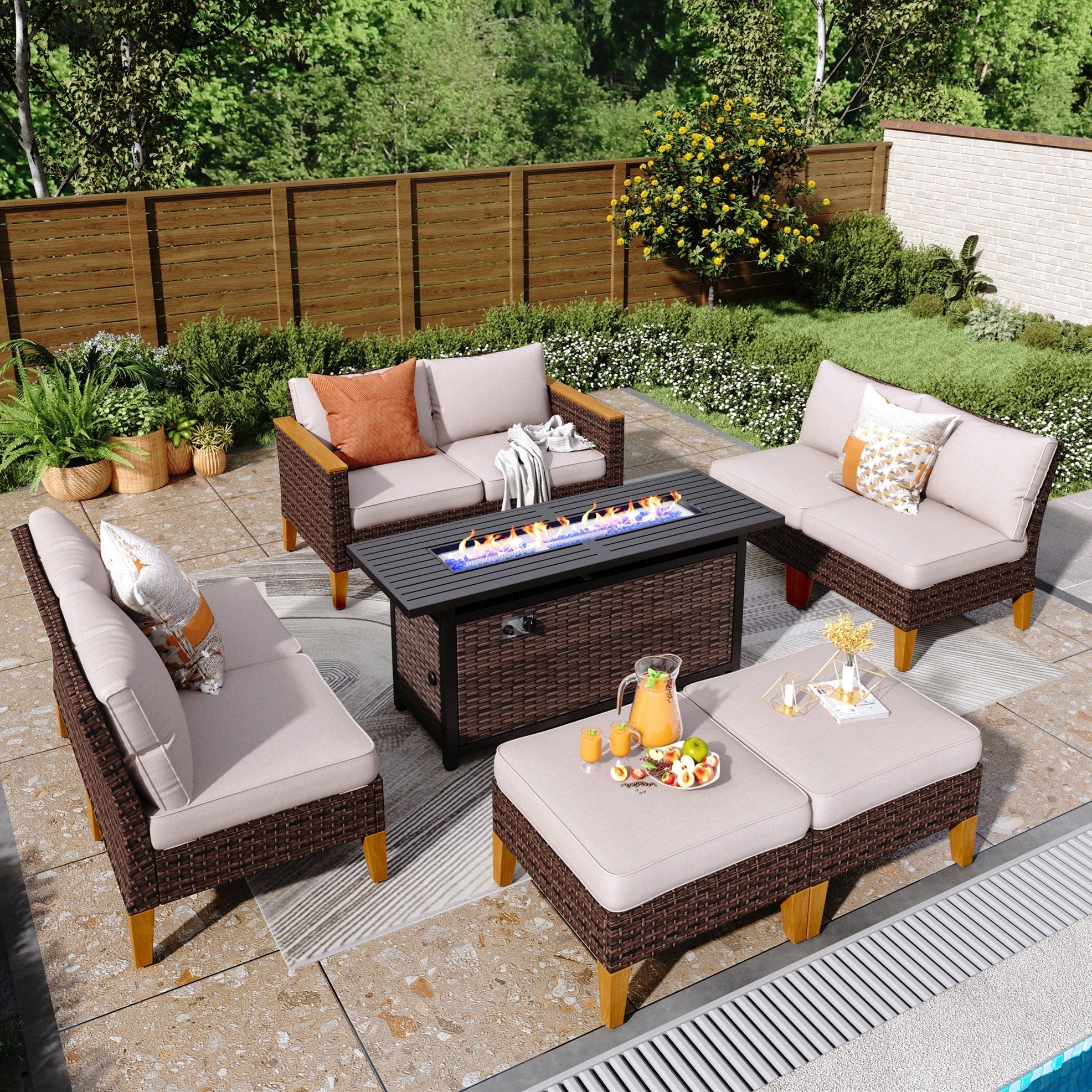 Ensemble de canapés d'extérieur en osier 8 pièces, grands ensembles de conversation avec table et foyer