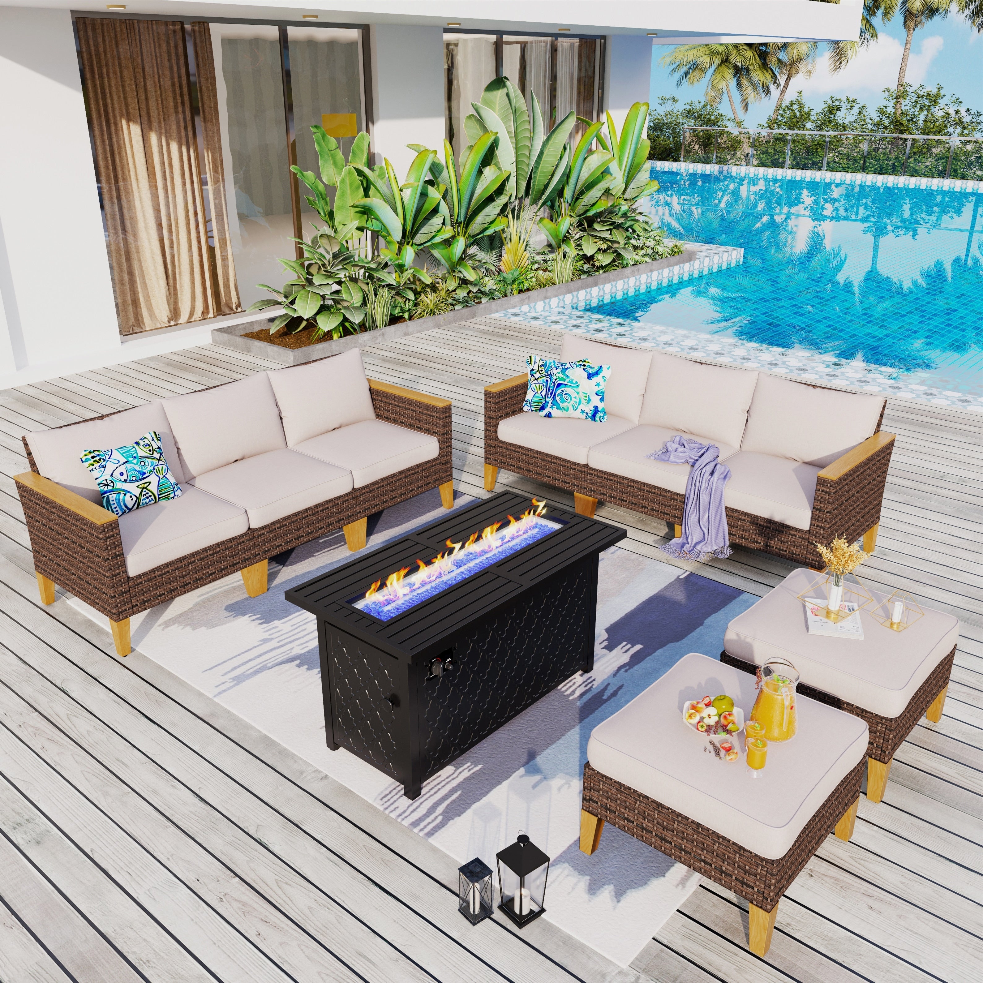 Ensemble de canapés d'extérieur en osier 8 pièces, grands ensembles de conversation avec table et foyer