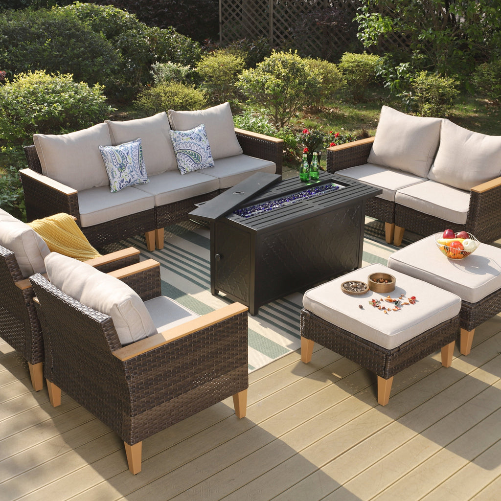 Ensemble de canapés d'extérieur en osier 8 pièces, grands ensembles de conversation avec table et foyer
