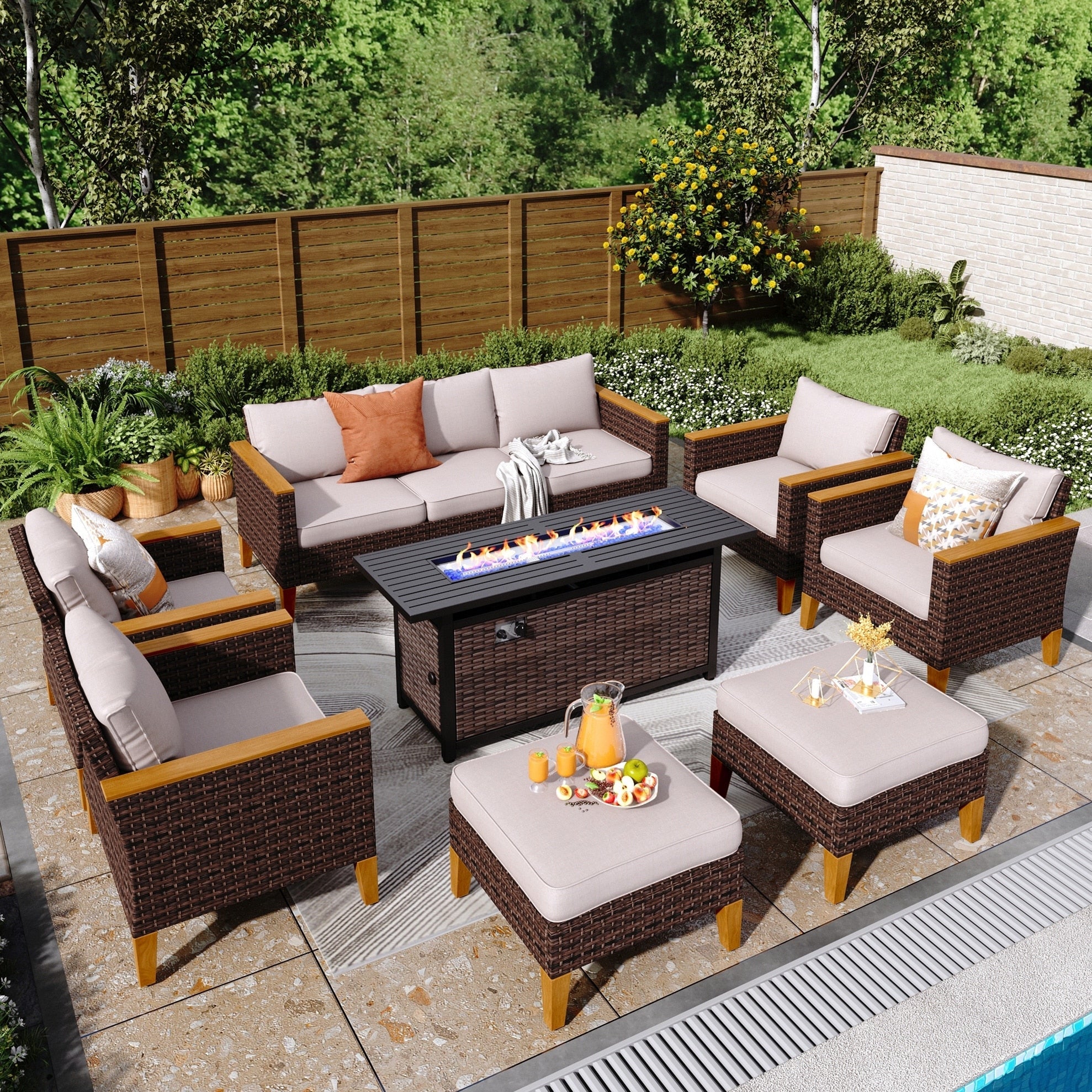 Ensemble de canapés d'extérieur en osier 8 pièces, grands ensembles de conversation avec table et foyer