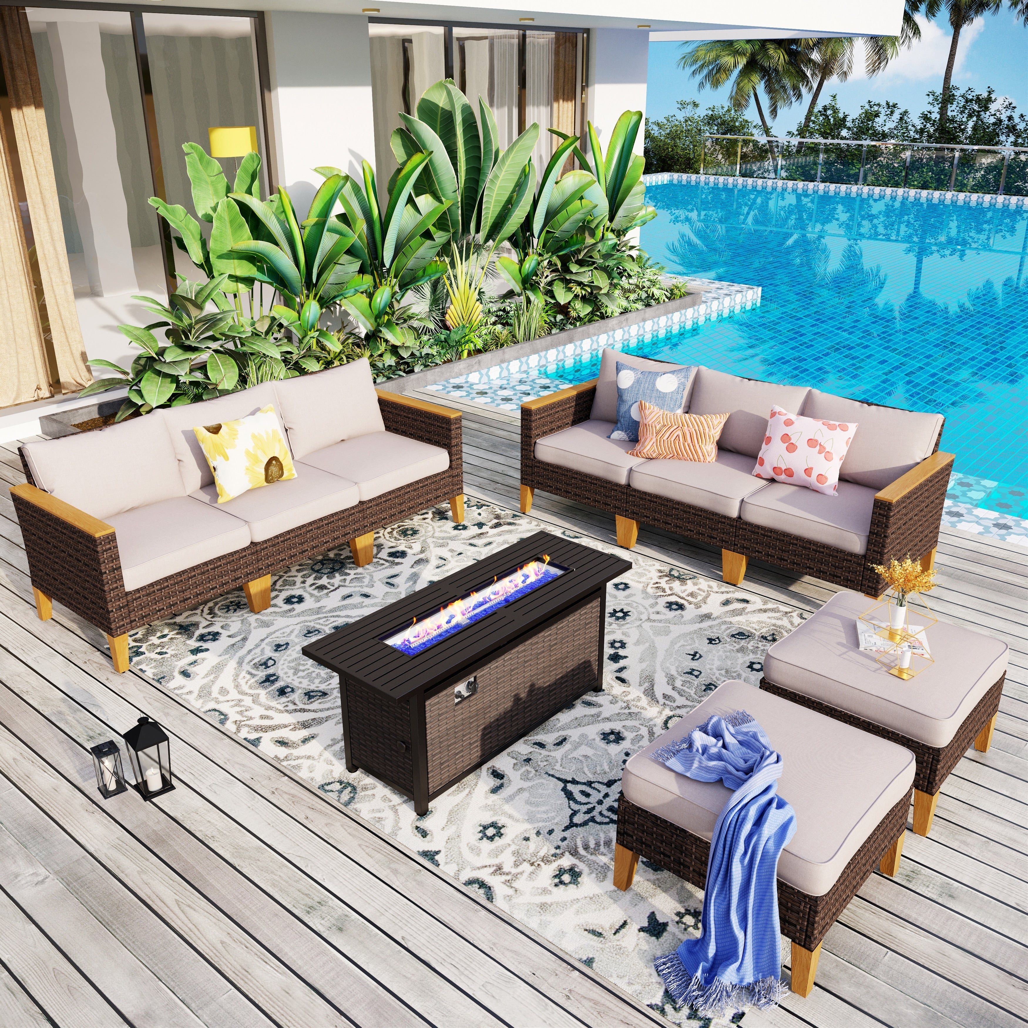 Ensemble de canapés d'extérieur en osier 8 pièces, grands ensembles de conversation avec table et foyer