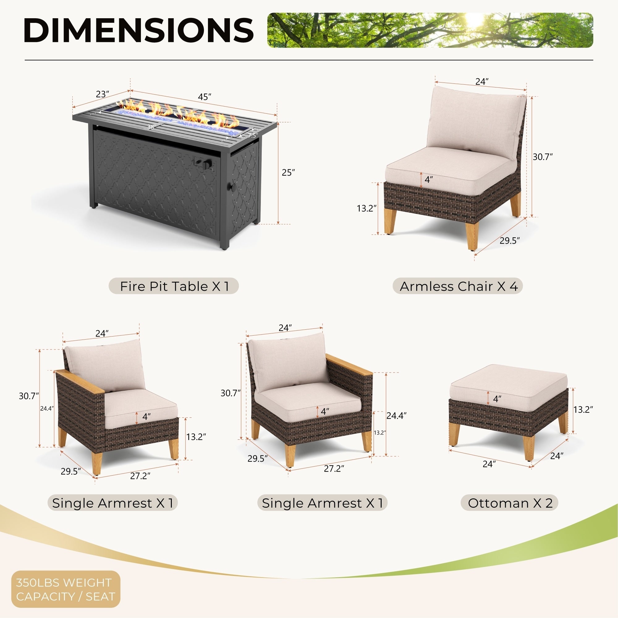 Ensemble de canapés d'extérieur en osier 8 pièces, grands ensembles de conversation avec table et foyer