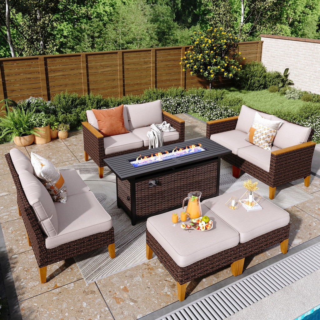 Ensemble de canapés d'extérieur en osier 8 pièces, grands ensembles de conversation avec table et foyer