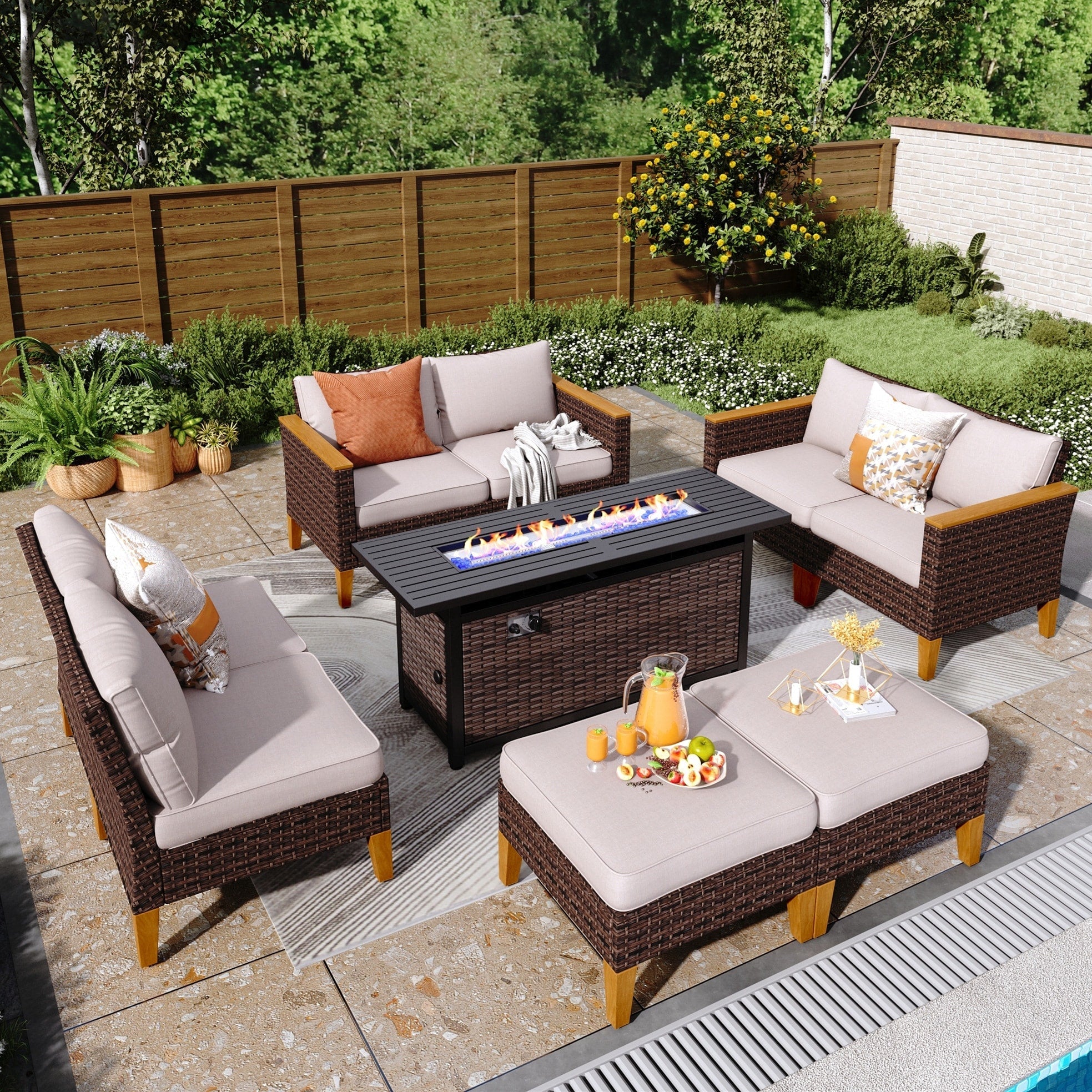 Ensemble de canapés d'extérieur en osier 8 pièces, grands ensembles de conversation avec table et foyer
