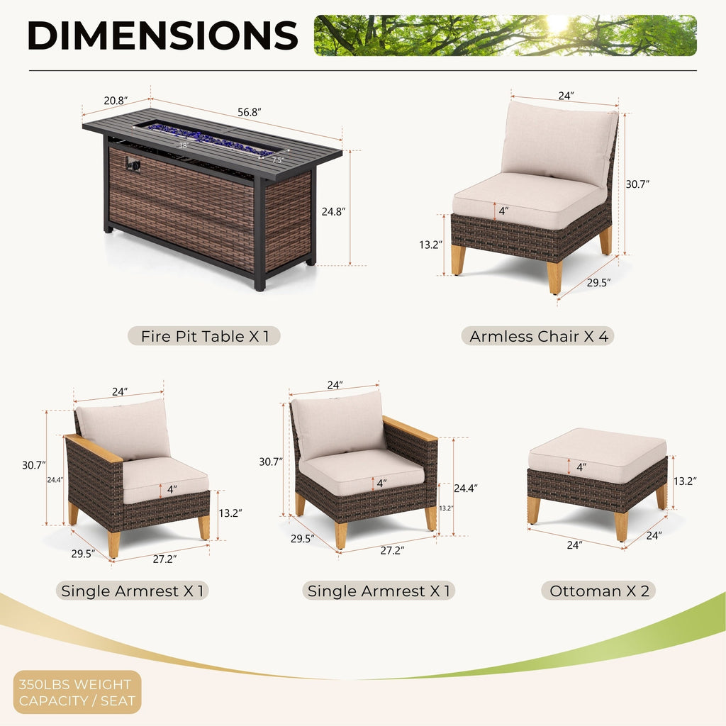 Ensemble de canapés d'extérieur en osier 8 pièces, grands ensembles de conversation avec table et foyer