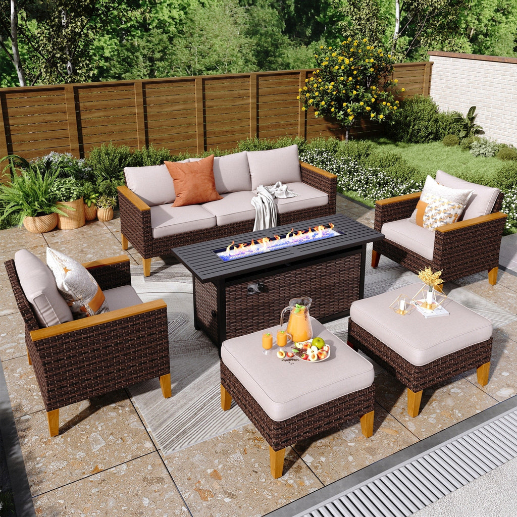 Ensemble de canapés d'extérieur en osier 8 pièces, grands ensembles de conversation avec table et foyer