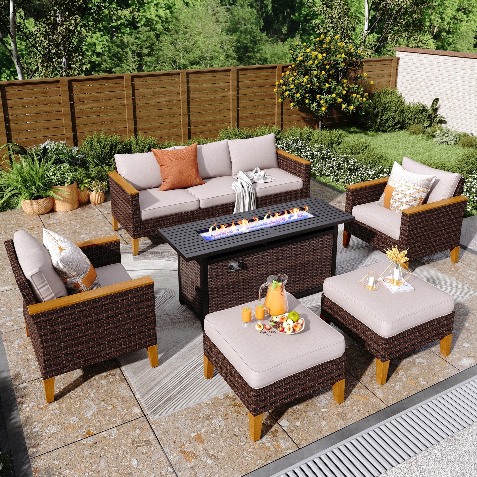Ensemble de canapés d'extérieur en osier 8 pièces, grands ensembles de conversation avec table et foyer