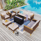 Ensemble de canapés d'extérieur en osier 8 pièces, grands ensembles de conversation avec table et foyer