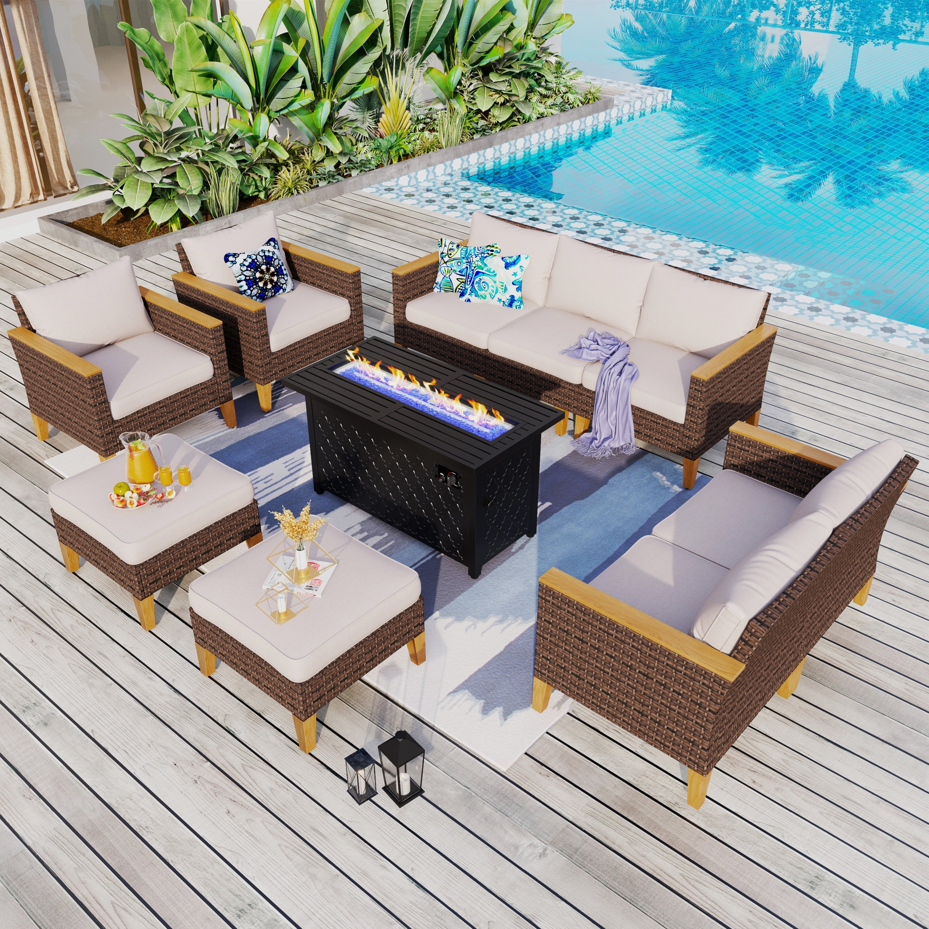 Ensemble de canapés d'extérieur en osier 8 pièces, grands ensembles de conversation avec table et foyer