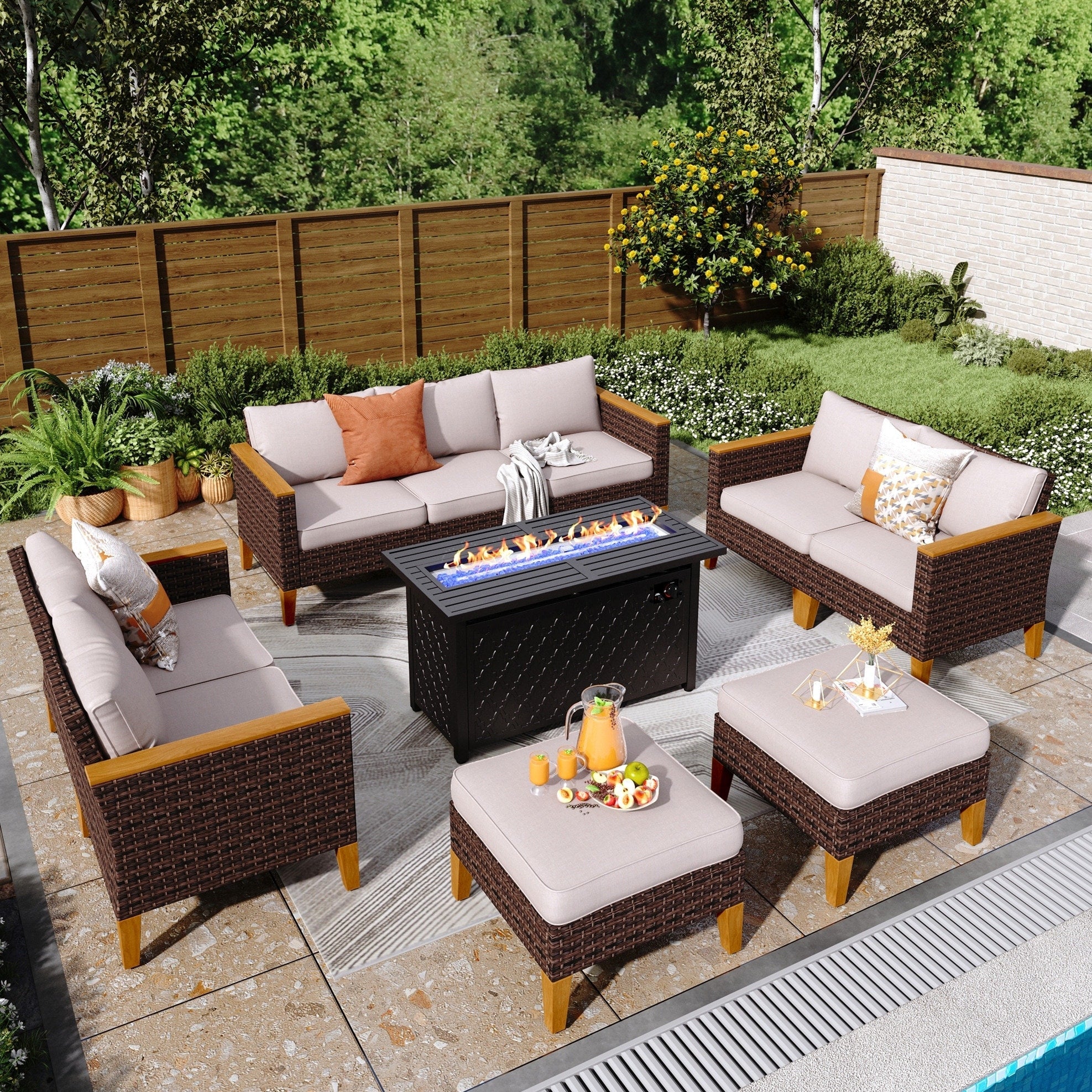 Ensemble de canapés d'extérieur en osier 8 pièces, grands ensembles de conversation avec table et foyer