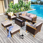 Ensemble de canapés d'extérieur en osier 8 pièces, grands ensembles de conversation avec table et foyer