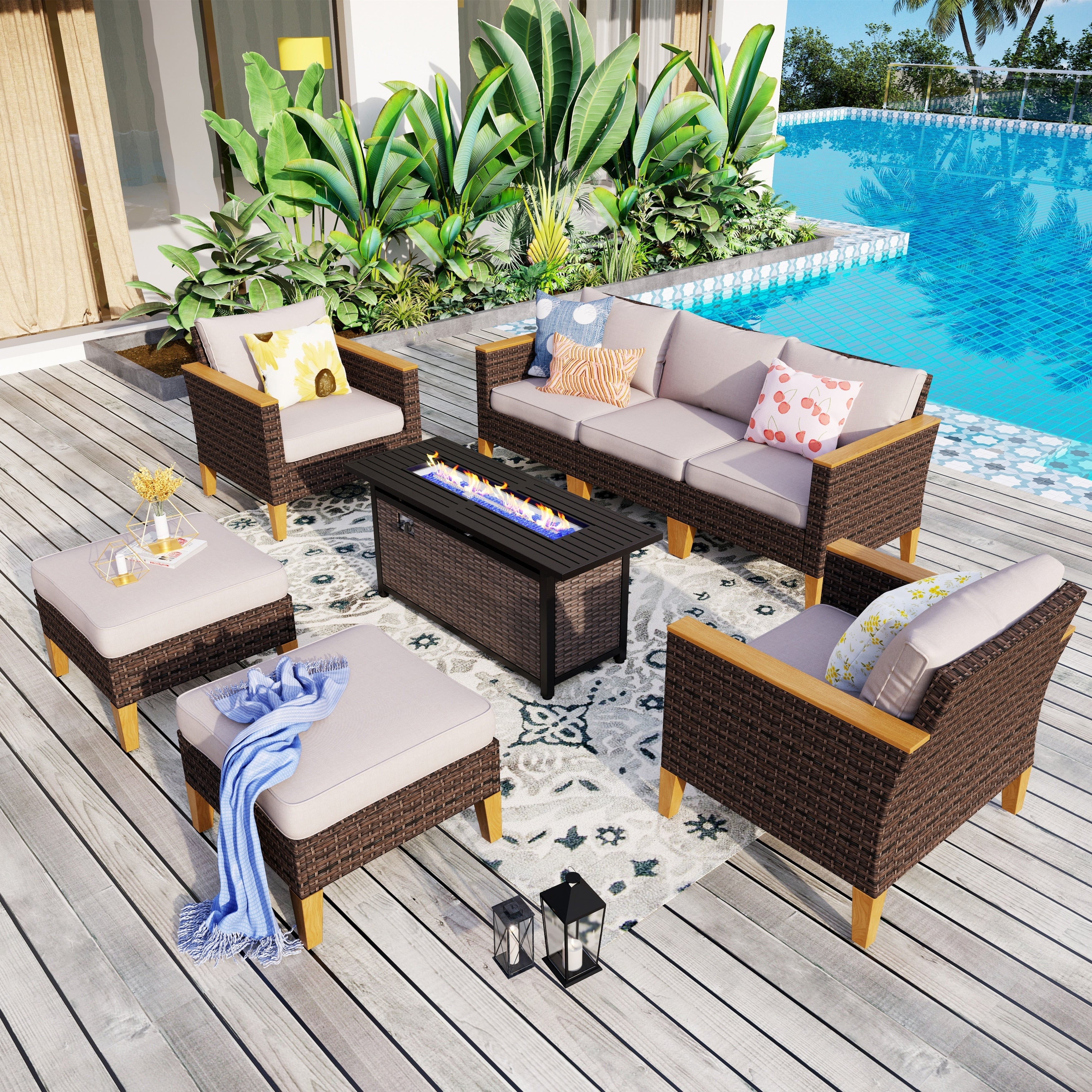 Ensemble de canapés d'extérieur en osier 8 pièces, grands ensembles de conversation avec table et foyer