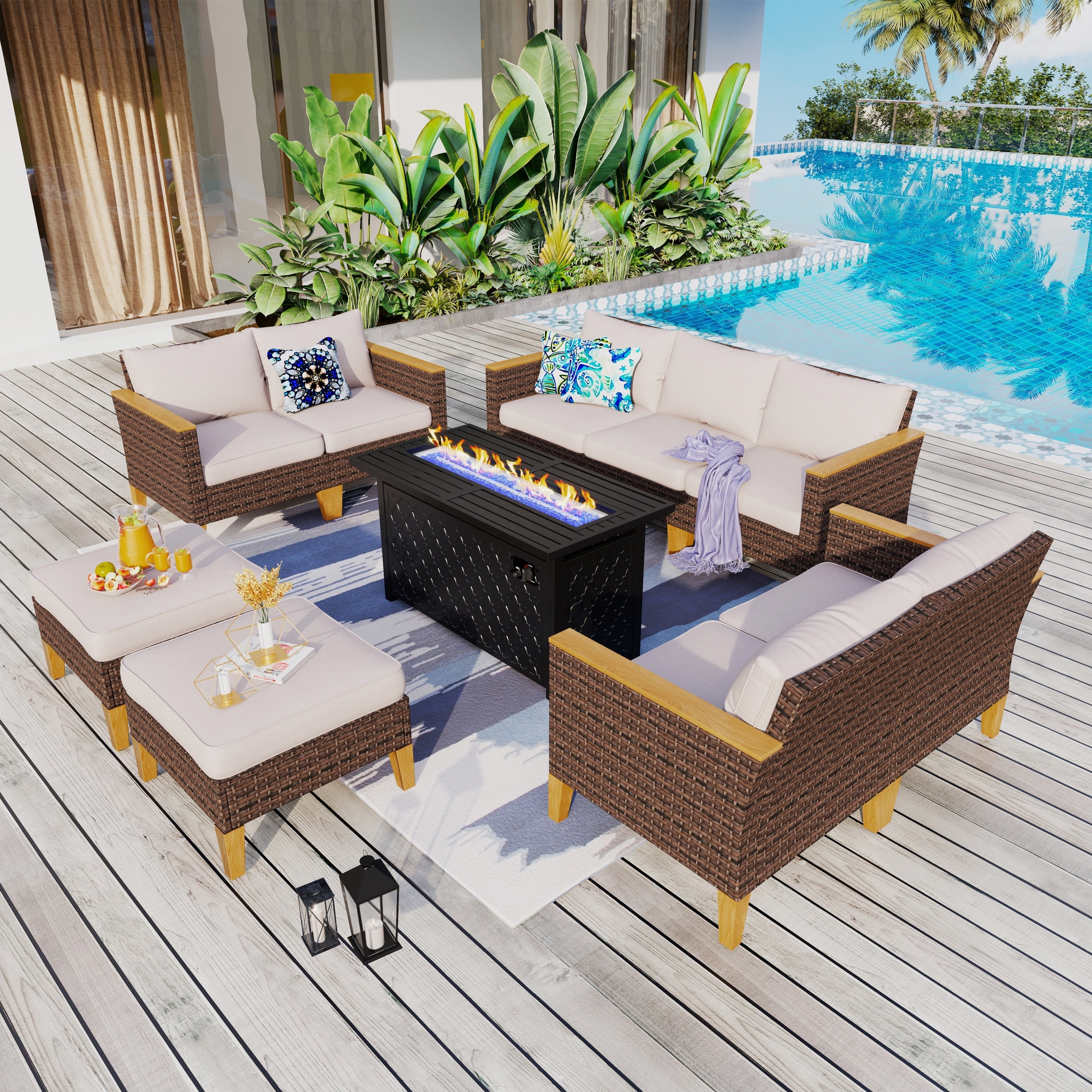 Ensemble de canapés d'extérieur en osier 8 pièces, grands ensembles de conversation avec table et foyer