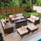 Ensemble de canapés d'extérieur en osier 8 pièces, grands ensembles de conversation avec table et foyer