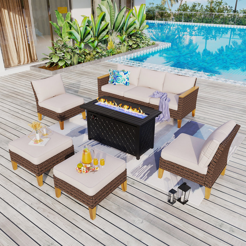 Ensemble de canapés d'extérieur en osier 8 pièces, grands ensembles de conversation avec table et foyer