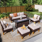 Ensemble de canapés d'extérieur en osier 8 pièces, grands ensembles de conversation avec table et foyer