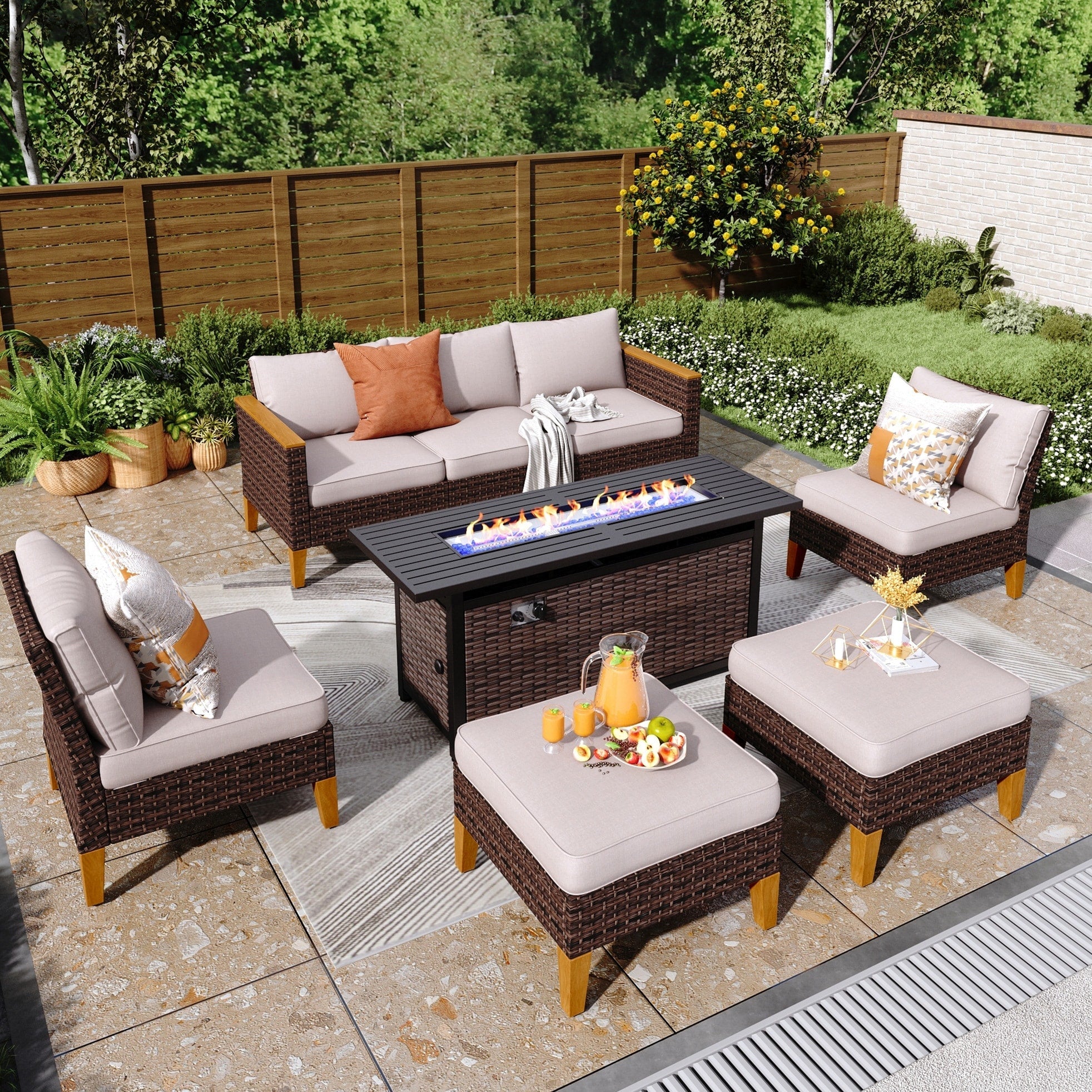 Ensemble de canapés d'extérieur en osier 8 pièces, grands ensembles de conversation avec table et foyer