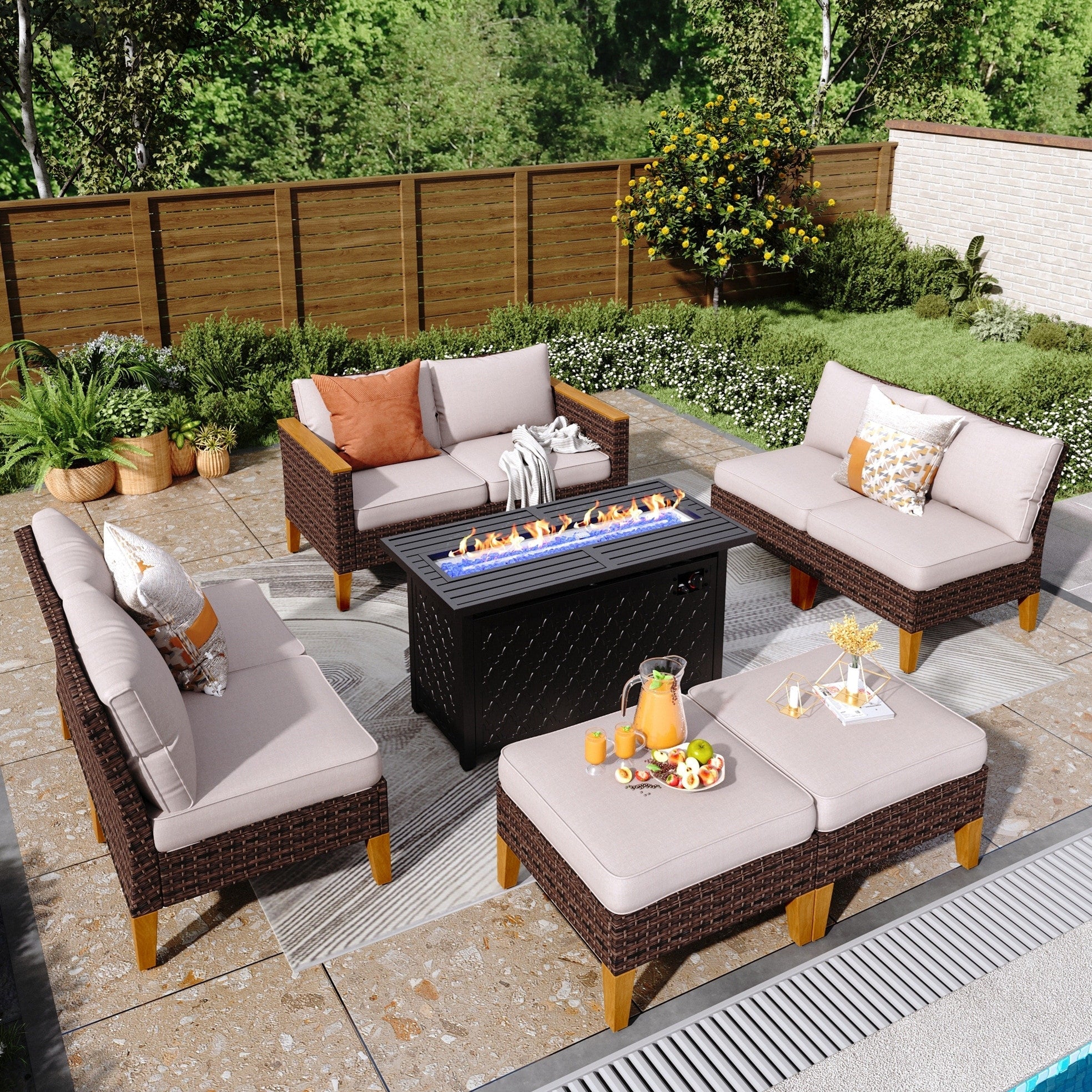Ensemble de canapés d'extérieur en osier 8 pièces, grands ensembles de conversation avec table et foyer