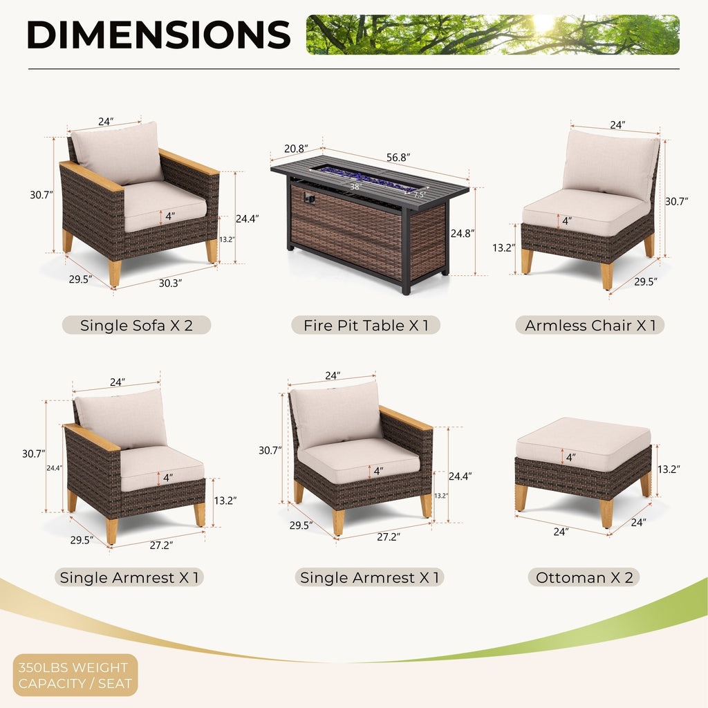 Ensemble de canapés d'extérieur en osier 8 pièces, grands ensembles de conversation avec table et foyer