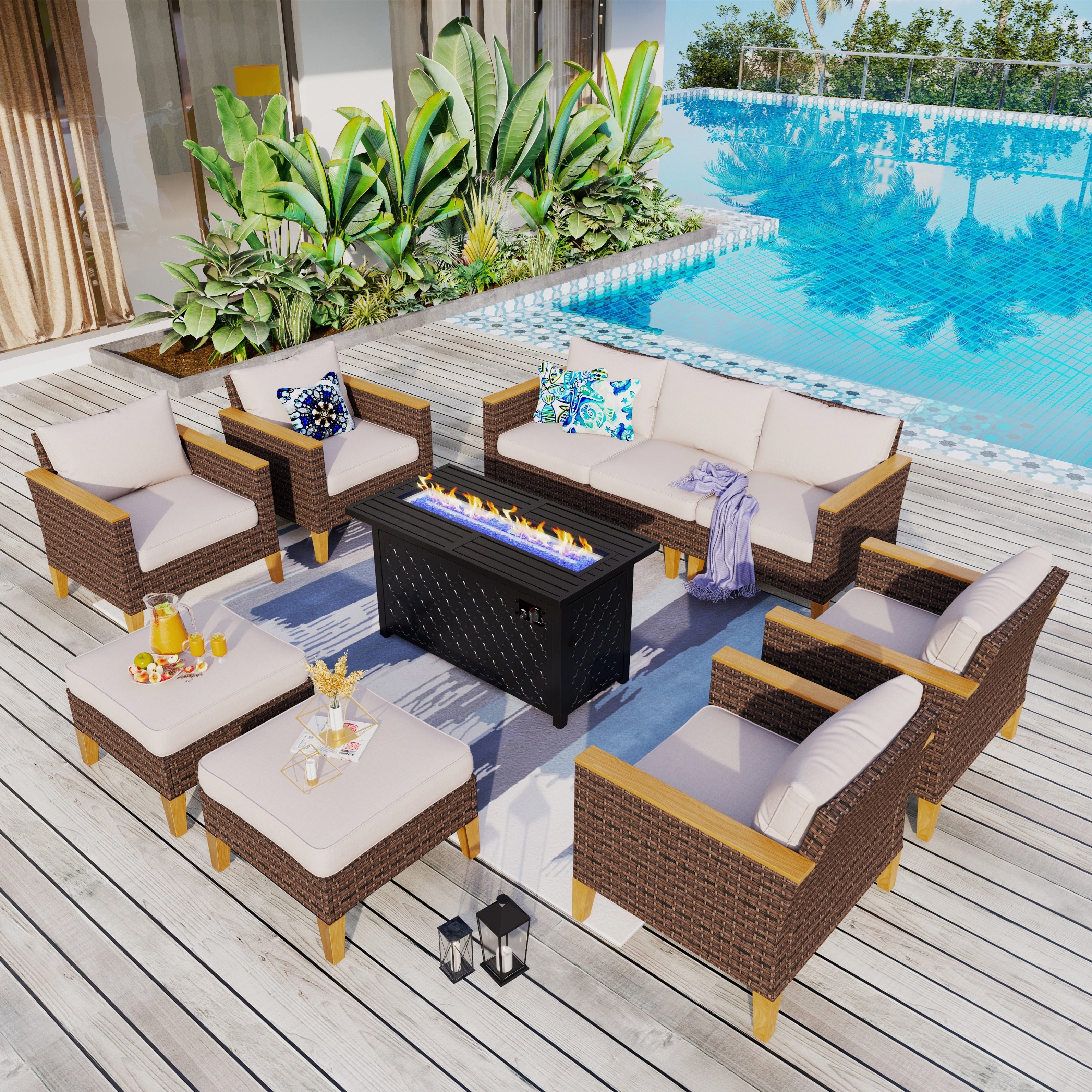 Ensemble de canapés d'extérieur en osier 8 pièces, grands ensembles de conversation avec table et foyer