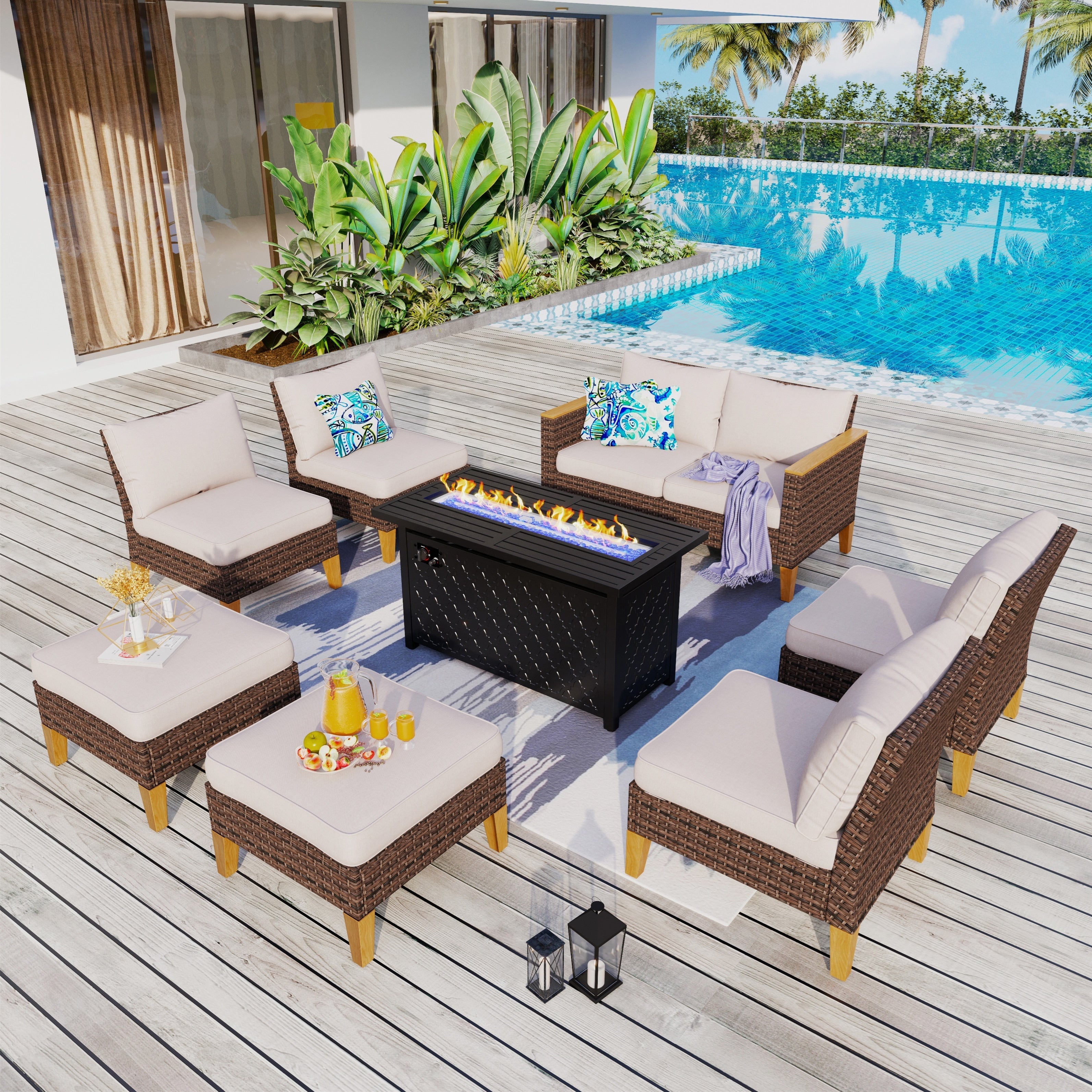 Ensemble de canapés d'extérieur en osier 8 pièces, grands ensembles de conversation avec table et foyer
