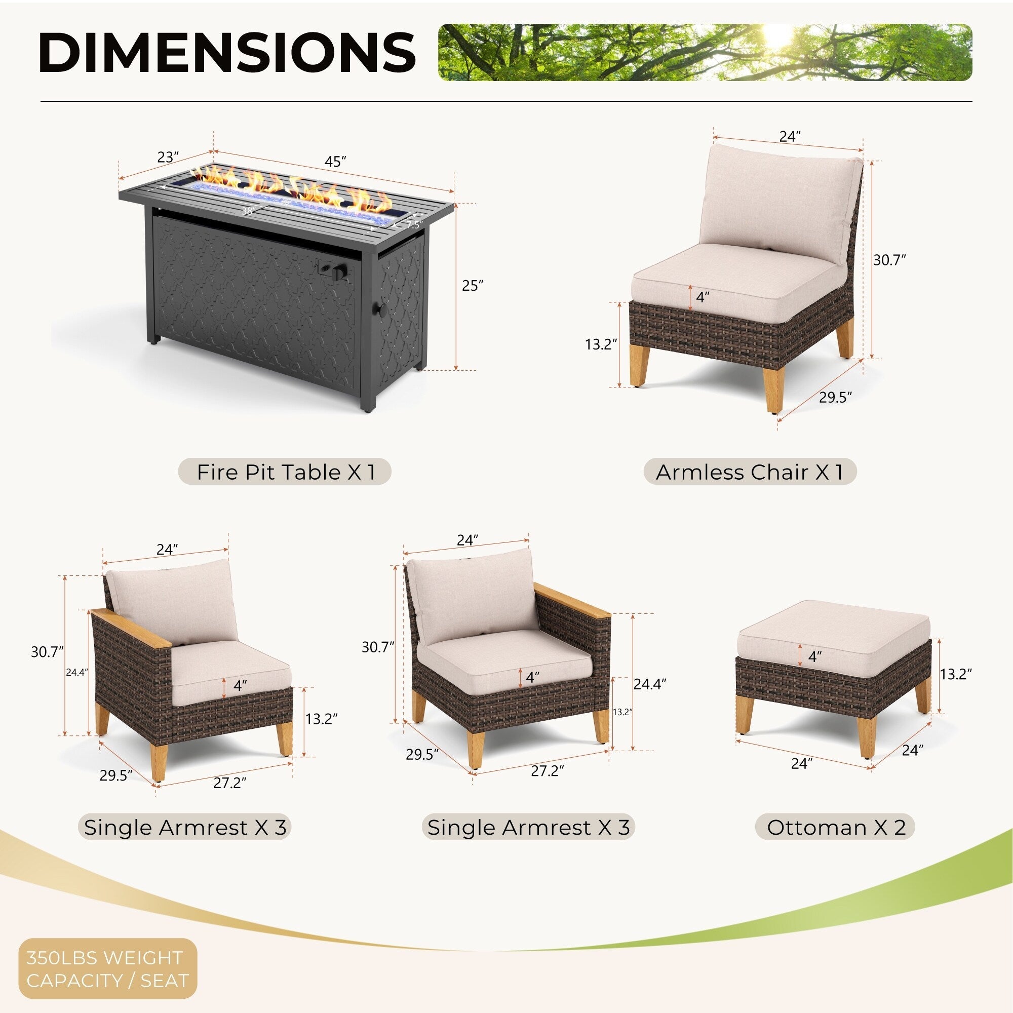 Ensemble de canapés d'extérieur en osier 8 pièces, grands ensembles de conversation avec table et foyer