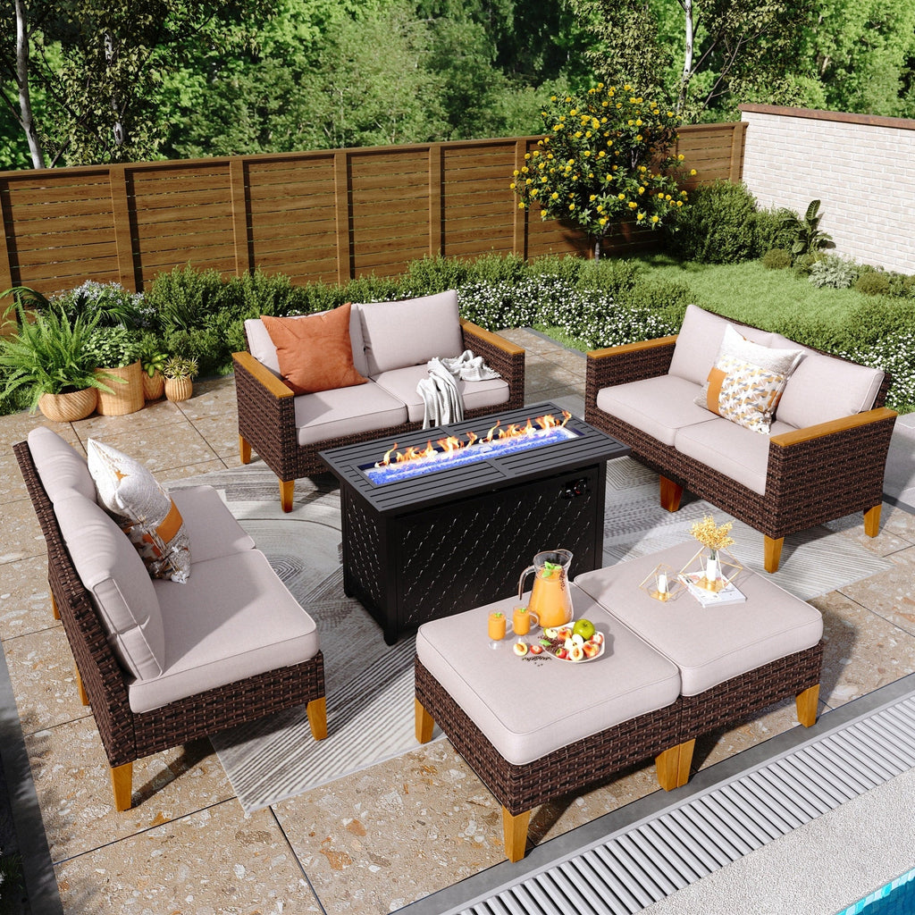 Ensemble de canapés d'extérieur en osier 8 pièces, grands ensembles de conversation avec table et foyer