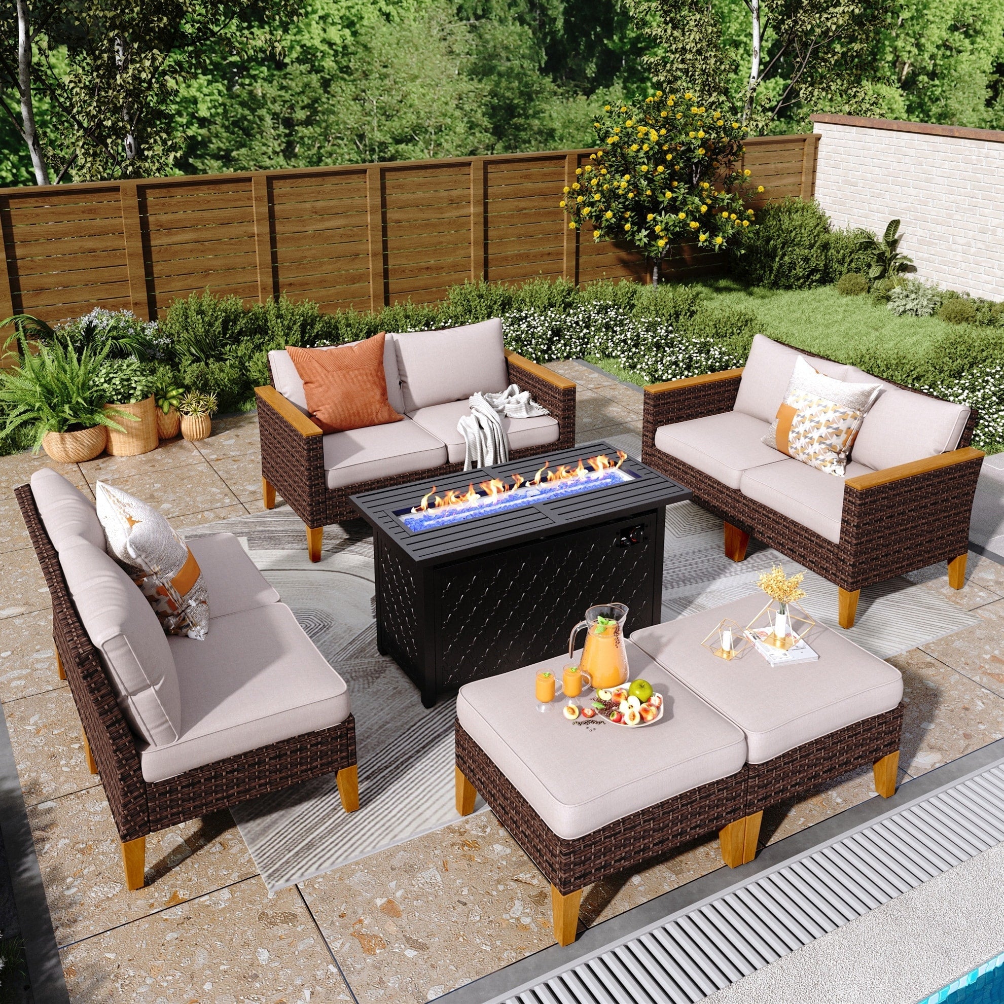 Ensemble de canapés d'extérieur en osier 8 pièces, grands ensembles de conversation avec table et foyer