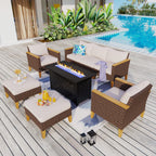 Ensemble de canapés d'extérieur en osier 8 pièces, grands ensembles de conversation avec table et foyer