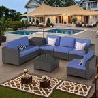 Ensemble de meubles de jardin en osier 8 pièces avec table de rangement bleu