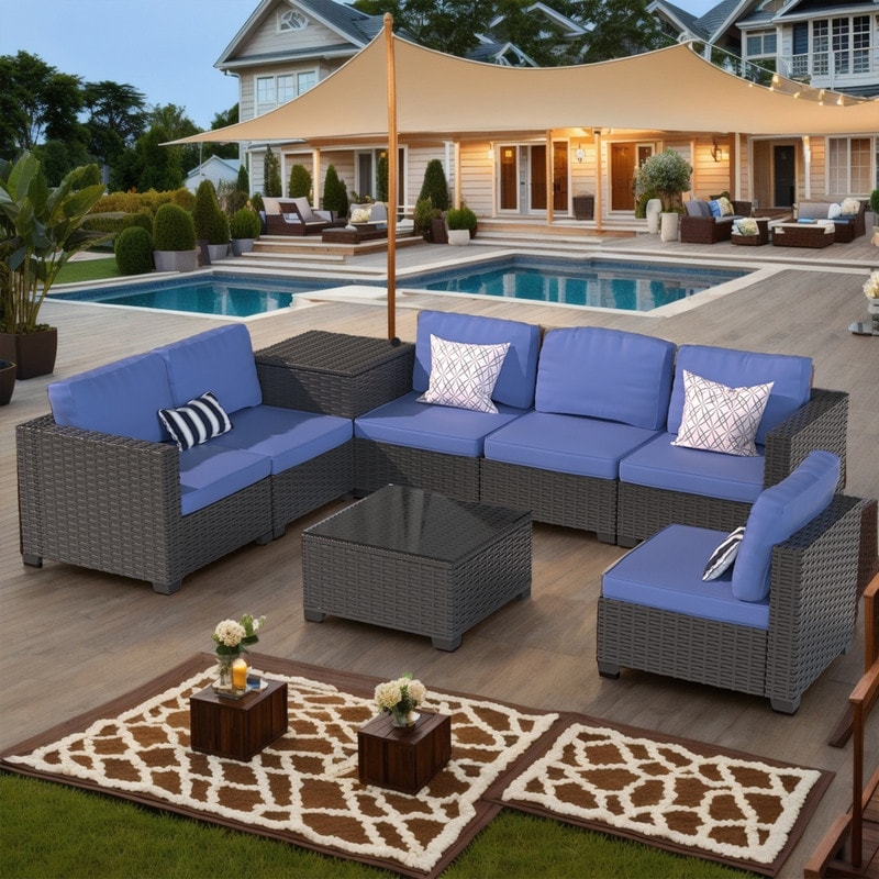 Ensemble de meubles de jardin en osier 8 pièces avec table de rangement bleu