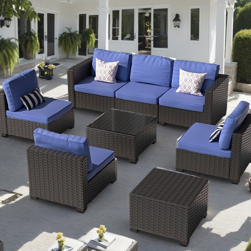 Ensemble de meubles de jardin en osier 8 pièces avec table de rangement bleu