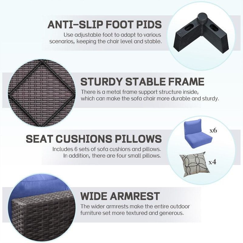 Ensemble de meubles de jardin en osier 8 pièces avec table de rangement bleu