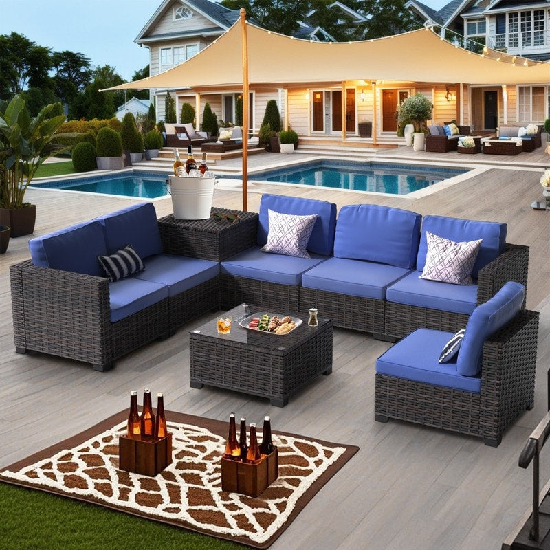 Ensemble de meubles de jardin en osier 8 pièces avec table de rangement bleu