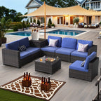 Ensemble de meubles de jardin en osier 8 pièces avec table de rangement bleu
