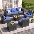 Ensemble de meubles de jardin en osier 8 pièces avec table de rangement bleu