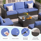 Ensemble de meubles de jardin en osier 8 pièces avec table de rangement bleu