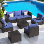 Ensemble de meubles de jardin en osier 8 pièces avec table de rangement bleu