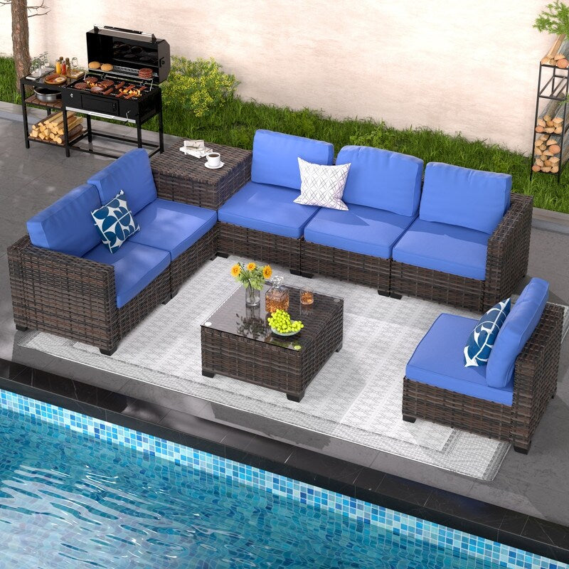 Ensemble de meubles de jardin en osier 8 pièces avec table de rangement bleu