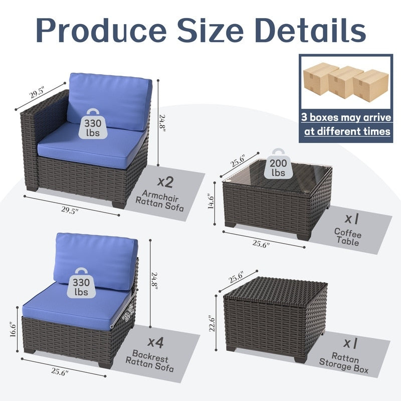 Ensemble de meubles de jardin en osier 8 pièces avec table de rangement bleu
