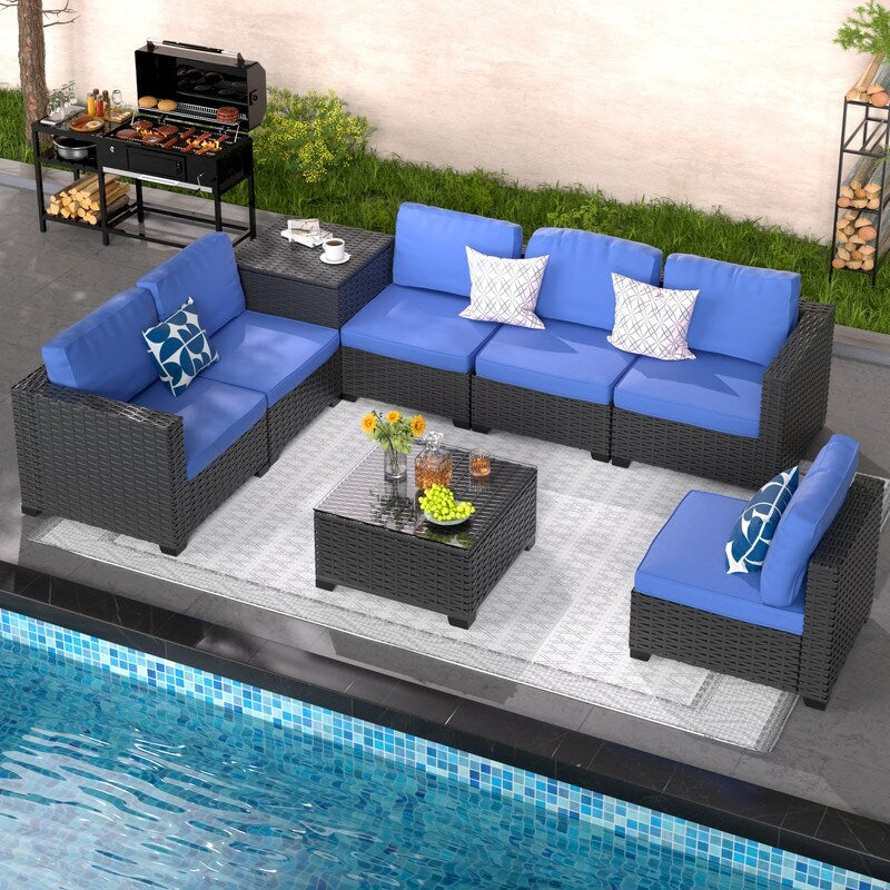 Ensemble de meubles de jardin en osier 8 pièces avec table de rangement bleu