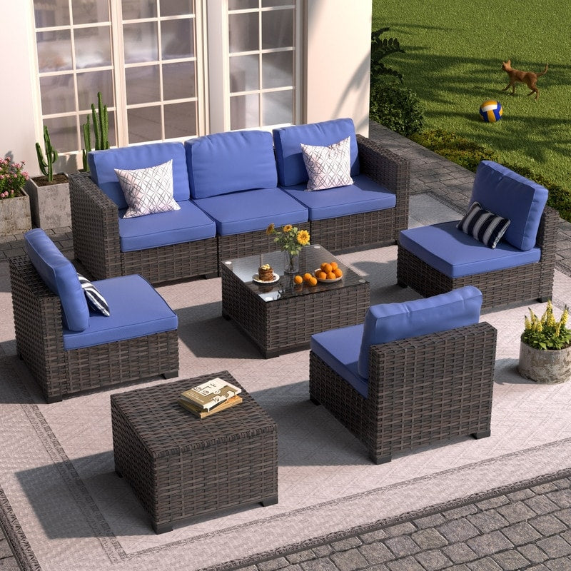 Ensemble de meubles de jardin en osier 8 pièces avec table de rangement bleu