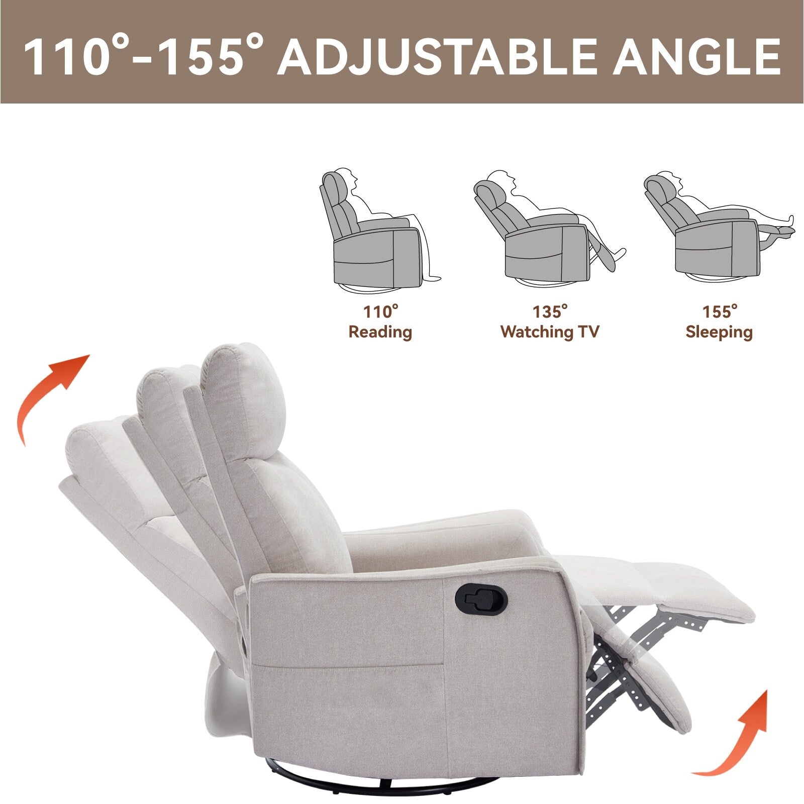 Fauteuil de massage pivotant à 360° avec vibrations en 8 points, dossier réglable, inclinable manuel, avec massage et chauffage lombaire