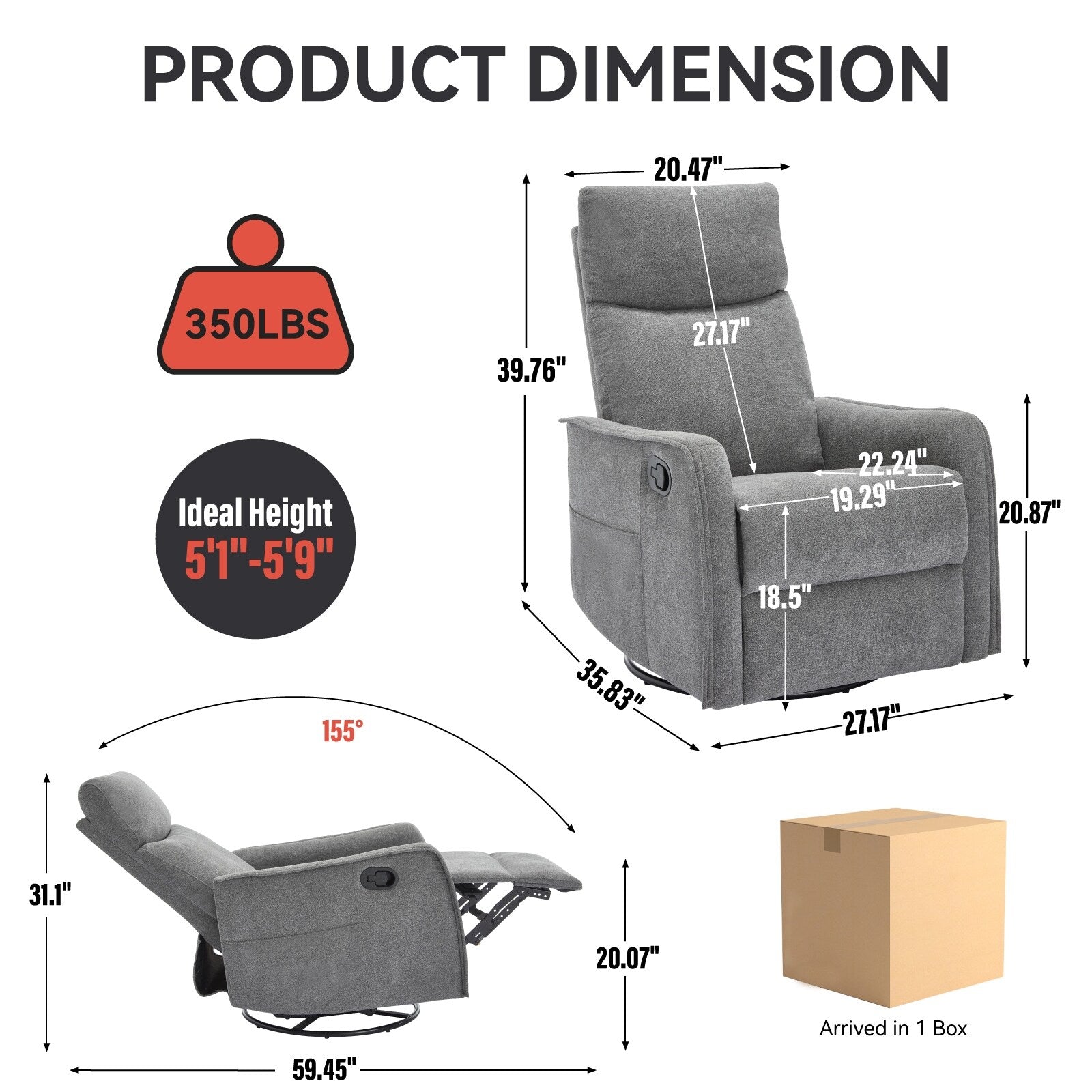 Fauteuil de massage pivotant à 360° avec vibrations en 8 points, dossier réglable, inclinable manuel, avec massage et chauffage lombaire