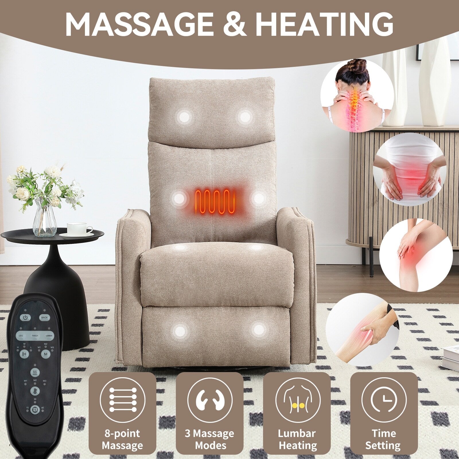 Fauteuil de massage pivotant à 360° avec vibrations en 8 points, dossier réglable, inclinable manuel, avec massage et chauffage lombaire