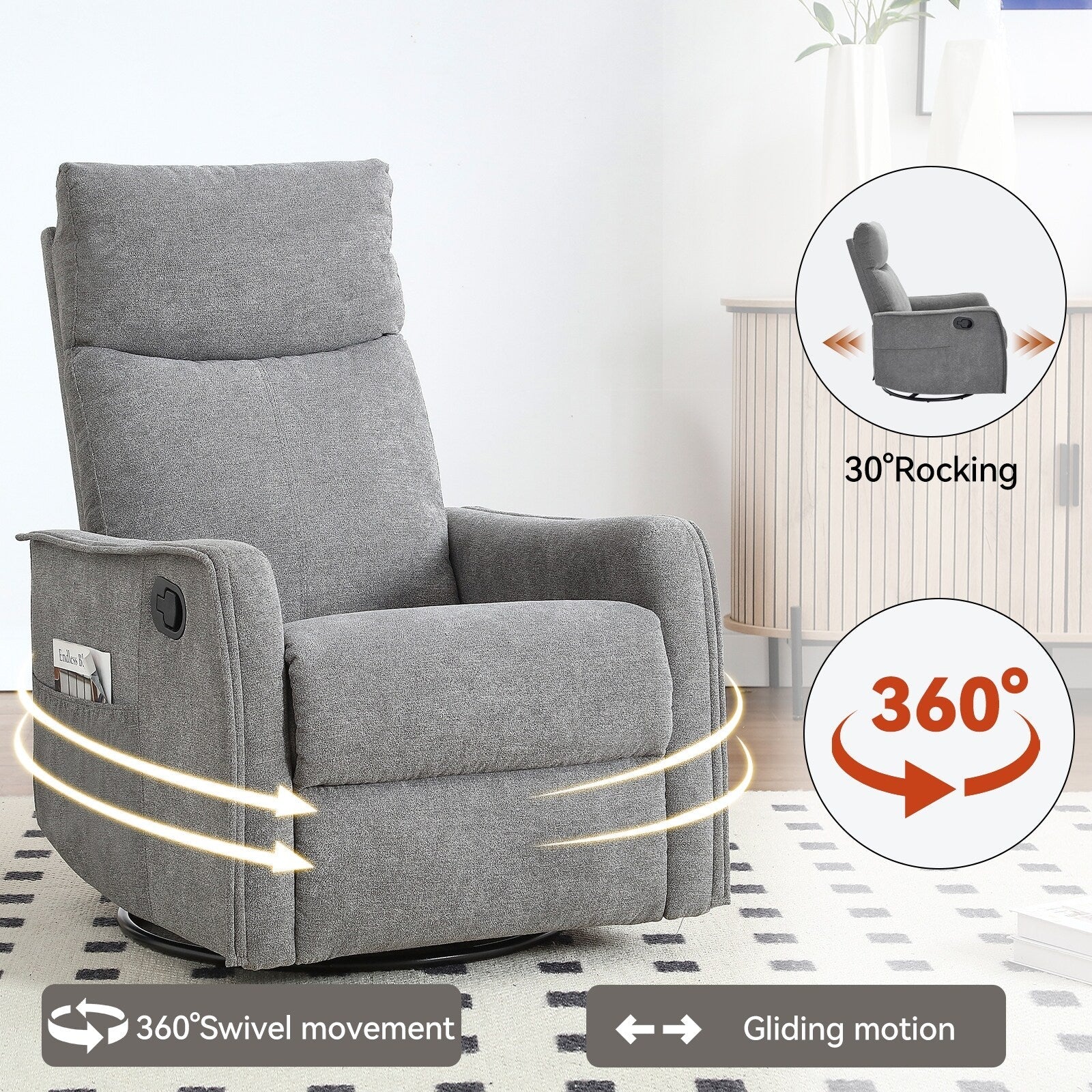 Fauteuil de massage pivotant à 360° avec vibrations en 8 points, dossier réglable, inclinable manuel, avec massage et chauffage lombaire