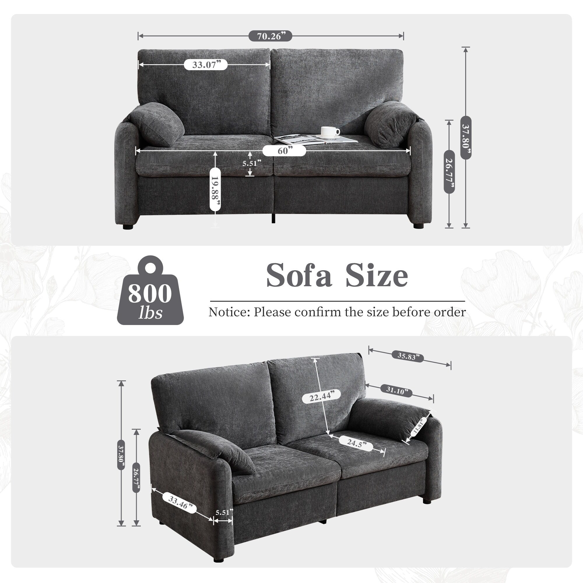 Canapés en duvet de 800 lb, canapé minimaliste de 60 pouces, avec plusieurs couleurs pour le salon et la chambre